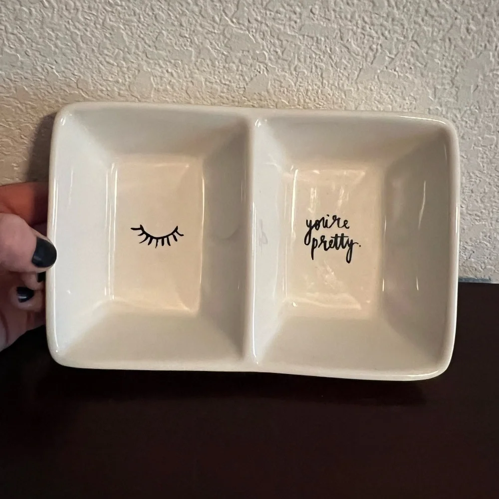 Rae Dunn You're Pretty White Ceramic Dual Section Dish